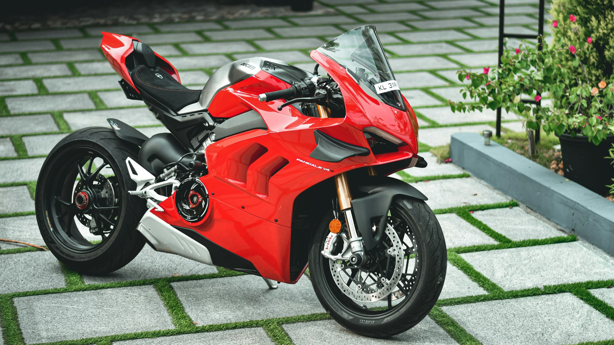 Detailansicht der Ducati Panigale V4, einem leistungsstarken Superbike, auf dem Leitfaden 'Ducati Panigale: Der Ultimative Leitfaden'. Die V4 ist in edlem Rot gehalten und zeigt ihre markanten Designelemente und fortschrittliche Technik.